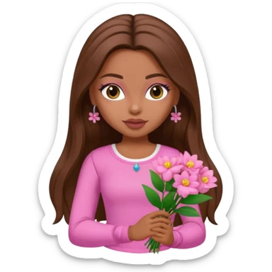 pretty bratz baddie, long brown hair holding flowers sticker