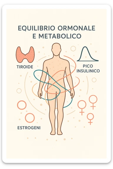 Il corpo è circondato da simboli delicati e bilanciati che rappresentano equilibrio ormonale e metabolico: piccoli cerchi, flussi energetici colorati, simboli stilizzati di tiroide, picco insulina, estrogeni. 4k immagine in italiano sticker