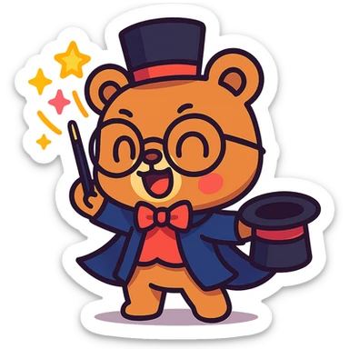 chibi bear with glasses performing magic, animated style, cute and vibrant sticker