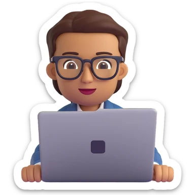 a designer with tan skin and square glasses using a laptop, 3D emoji style sticker