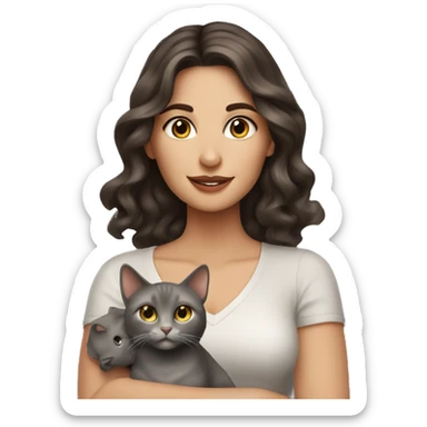 pretty wavy brunette woman with brown eyes holding grey cat sticker