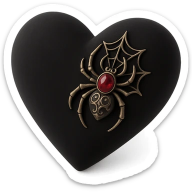 gothic heart in 3D black style, black velvet texture, silver spider brooch, deep red gemstone, ornate and dark sticker