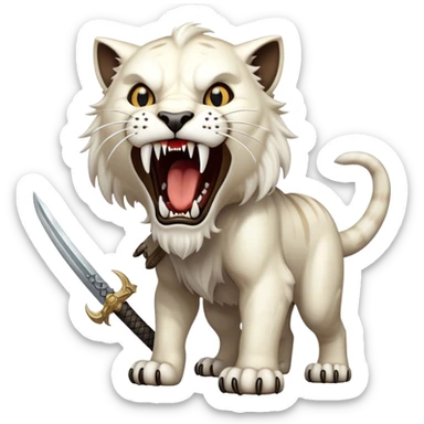 saber-toothed cat with absurdly long, sword-like canine teeth that are longer than its entire head, comically exaggerated fangs sticker