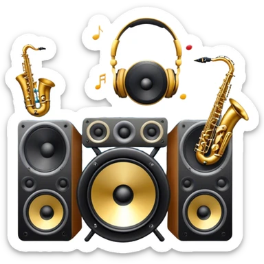 Icon for R&B Music Listening: large concert speakers and headphones with waves of musical notes coming out, along with drums and bass guitar and saxophone. The icon should convey the energetic and rhythmic vibe of R&B music. Transparent background sticker