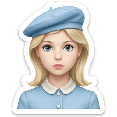 Clemence Poesy is Fleur Delacour in harry potter, light blue dress, light blue classic French beret – soft, round, and slightly tilted to one side, pink lips sticker