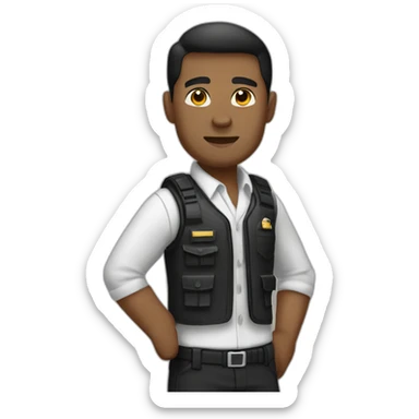Security agent, white shirt and black pants. and vest. Brownish skin. RAISED HAND. sticker