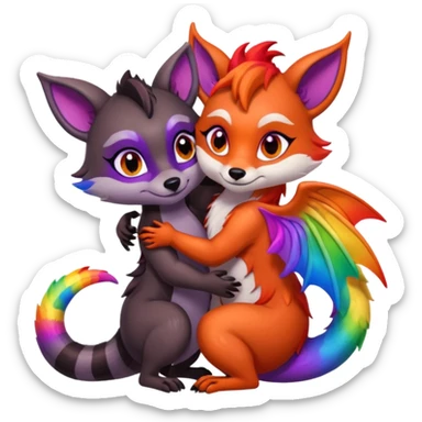 black female raccoon dragon hybrid with rainbow colored wings and purple eyes giving a big hug to a red female fox dragon hybrid with rainbow colored wings and orange eyes sticker