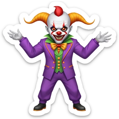 evil clown with horns, fangs, pointed ears, leisure suit, battle-ready, fighting posture sticker