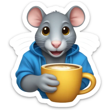 A rat with one ear and one gold tooth, wearing a blue sweatshirt, drinking coffee sticker