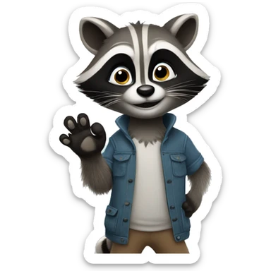 The raccoon waves his paw and greets sticker
