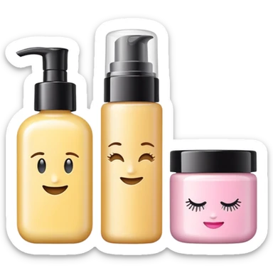 emoji of three different beauty products, with labels, minimalistic but luxury design (realistic), pastel colors sticker
