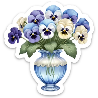 A carefully arranged still life featuring a crystal vase filled with an enchanting mix of soft blue and creamy white pansies, their petals unfolding like miniature works of art. A string of pearls is casually draped beside the vase, reflecting a subtle iridescence under candlelight. The backdrop is a hand-painted silk fabric in gentle shades of pearl and ivory, its smooth texture enhancing the refined beauty of the floral display sticker