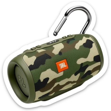 JBL Clip 4 bluetooth speaker with green camo pattern, minimalist iOS emoji style with carabiner clip sticker