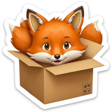 happy fox peeking out of a box, glancing upward, emoji style sticker
