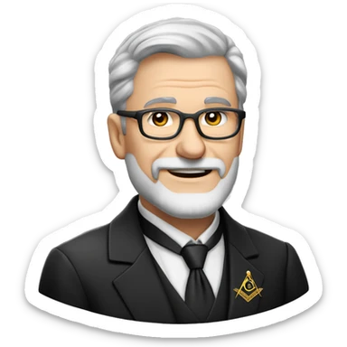 60 year old Caucasian male with grey hair, glasses and a grey goatee beard wearing a black dinner suit with a Masonic emblem on the left lapel. Make the man's face rounder sticker