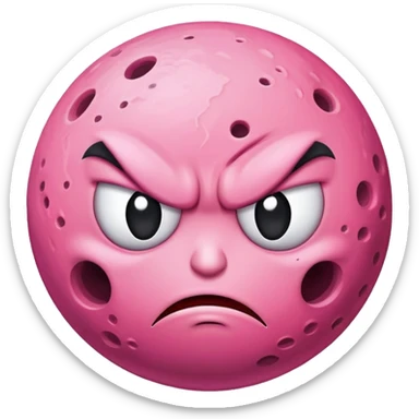 pink planet with craters and an angry face with furrowed eyebrows sticker