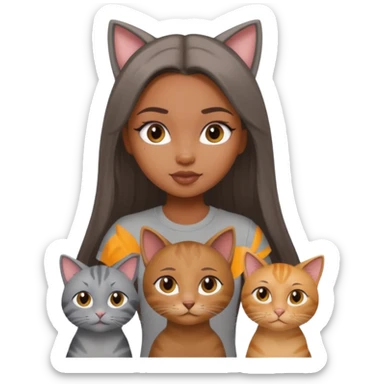 a pretty bratz dusky girl with long straight hair with four cats nd wearing a grey tshirt sticker