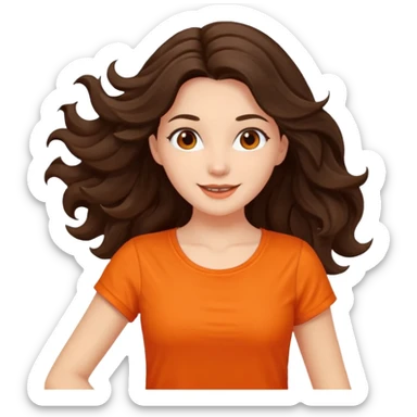Long dark wavy hair women in orange top twirling around sticker