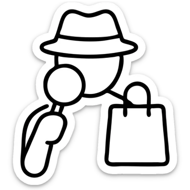 outlined icon of a mystery shopper with a magnifying glass and shopping bag sticker