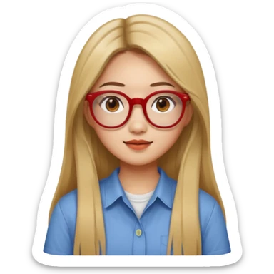 20 yr old asian woman, straight thick long brown hair, blond at tips of dark brown hair, center part to hair, big red glasses, brown eyes, casual shirt sticker