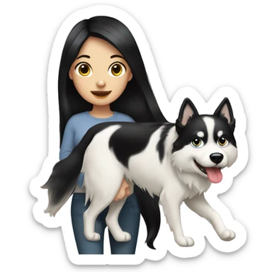 Long black hair pale girl walking husky dog sticker