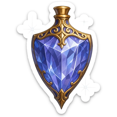 very luxurious crystal elixir bottle in shield shape, color #7986cb, lots of shining, edges, ornaments, golden details, magical effects, very small golden neck, transparent background, beautiful seamless bottom, bottle clearly floating in air, no base or shadow, modern, fits collection sticker