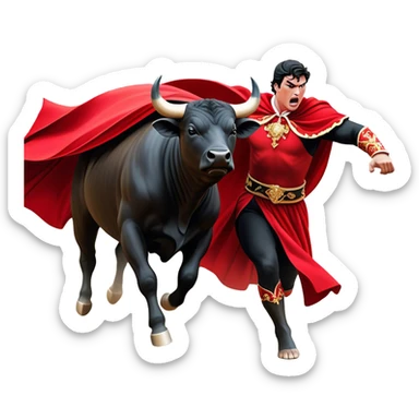 ​Cinematic Realistic black charging bull, against a matador depicted in a flowing red cape, captured in the dramatic moment of confronting a charging bull in a traditional bullring, rendered with dynamic motion and dramatic lighting that encapsulates the intensity and artistry of the spectacle, sticker