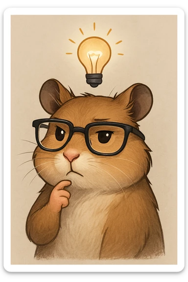 a modern, semi-realistic hamster thinking about an idea, wearing cool glasses, with a lightbulb above its head, sophisticated illustration style, mature and contemporary look sticker