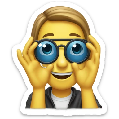 "Create an emoji with the 'goggles celebration' gesture, where both hands form circles in front of the eyes, mimicking glasses. The emoji should convey excitement and joy, with a playful and victorious vibe, using a yellow emoji face."
 sticker