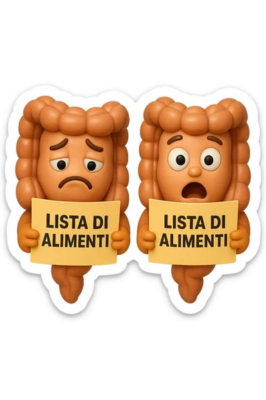 EMOJI STILE IPHONE DI UN INTESTINO CHE LEGGE UN FOGLIO CON LA SCRITTA "lista di alimenti" ed espressione triste in volto, ESPRESSIONE STUPITA IN VOLTO, IPERREALISTICO 4K sticker