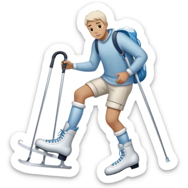 una hombre con el pie lesionado en  muletas con unos patines de hielo en la mano y cara de lesión 
 sticker