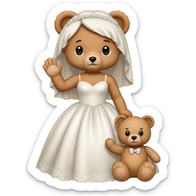 Teddy bear wearing white wedding dress holding the hand to another teddy bear wearing nothing.  sticker