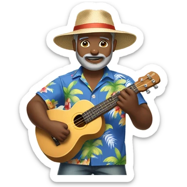 dark-skinned native hawaiian man h playing ukulele age 57 wearing hawaiian shirt shorts beard with baseball cap back small eyes sticker
