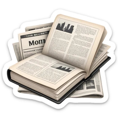 Icon for Non-Fiction & Narrative Reading: an open book with black-and-white photos on the pages, surrounded by a pile of newspaper clippings, and an open folder with top-secret documents. The icon should reflect the blend of real stories and facts in non-fiction literature. Transparent background. sticker