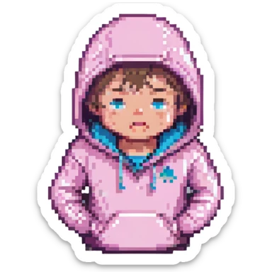 crying guy in a pink hoodie, pixel art style sticker