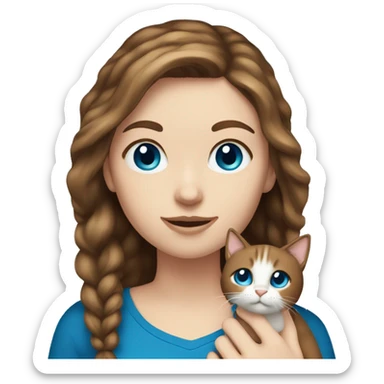 white girl with brown hair and blue eyes holding cat sticker