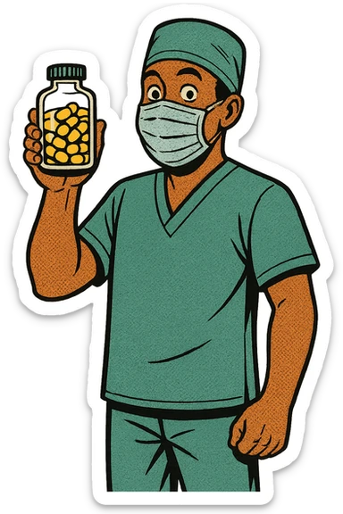 The full body of a cheerful modern black surgeon wearing a face mask holding a clear medicine bottle of pills sticker
