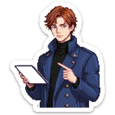 Flat pixel art, bold and charismatic male leader, Caucasian, short auburn hair, sharp eyes, indigo coat over black turtleneck, one arm raised pointing out, holding tablet, waist-up, front-facing sticker