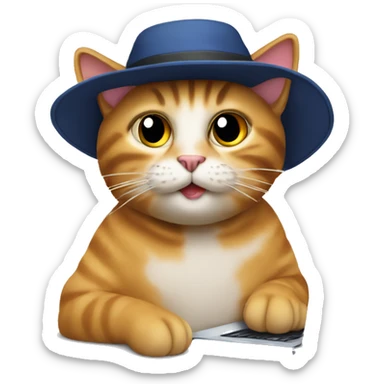 A cat with a hat is sitting and typing on the computer sticker