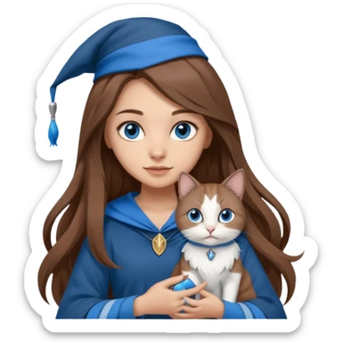 gorgeous Girl with light skin, blue eyes, long brown hair, wears a ravenclaw outfit, with a grey and white cat holding in her arms sticker
