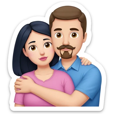 Tall white man with brown mustache goatee wearing blue hugging a chubby short pale woman with long black hair wearing pink sticker