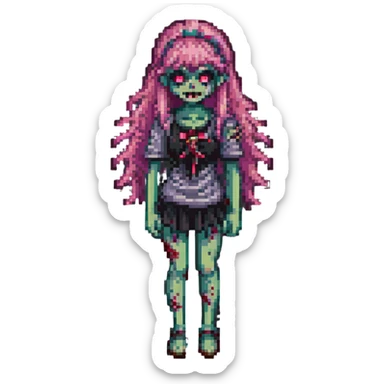 full body girl zombie with pink hair and bangs, pixel art style sticker