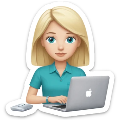Generate blonde blue eyed woman technologist with mac laptop (code U+1F469 U+1F3FB U+200D U+1F4BB) with Teal shirt (not the purple one) dont change other features sticker