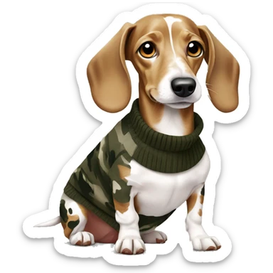White spotted dachshund in camo sweater  sticker