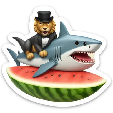 Shark with a top hat on a surfboard eating watermelon while riding a lion sticker