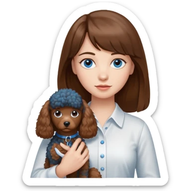 Kobieta z długimi brązowymi włosami, grzywką i niebieskimi oczami. Ubrana jest w białą koszulę. Trzyma na rękach małego brązowego pudelka. sticker
