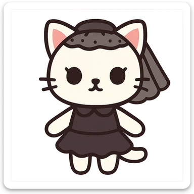 flat toon style white baby cat wearing a black mini dress and black veil sticker