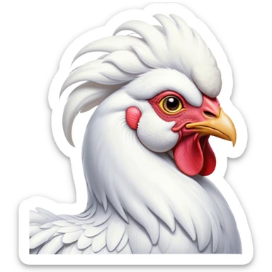 Cinematic Noble White Rooster Portrait Emoji, Poised and regal, with a robust, commanding build and a pristine, well-groomed pure white plumage, deep-set soulful piercing eyes, Simplified yet sharp and sophisticated features, highly detailed, glowing with a soft, dignified glow, high shine, intelligent and proud, stylized with an air of barnyard majesty, focused and attentive, soft glowing outline, capturing the essence of a watchful and confident leader, so majestic it feels as though it could crow out of the screen with effortless authority! sticker