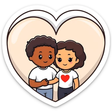 A couple with dark brown hair and mixed skin tone inside a white heart sticker