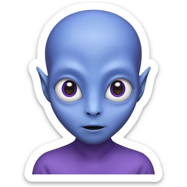 Portrait of an alien with smooth purple-blue skin, large black oval eyes, small nose, and no visible ears, elongated head, front-facing, wearing brown t-shirt, soft glow, simple futuristic design sticker
